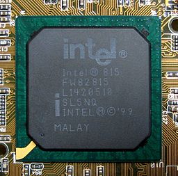 An Intel 82815 Graphics and Memory Controller Hub embedded on a PC motherboard. (Source: Wikimedia, author: Qurren)