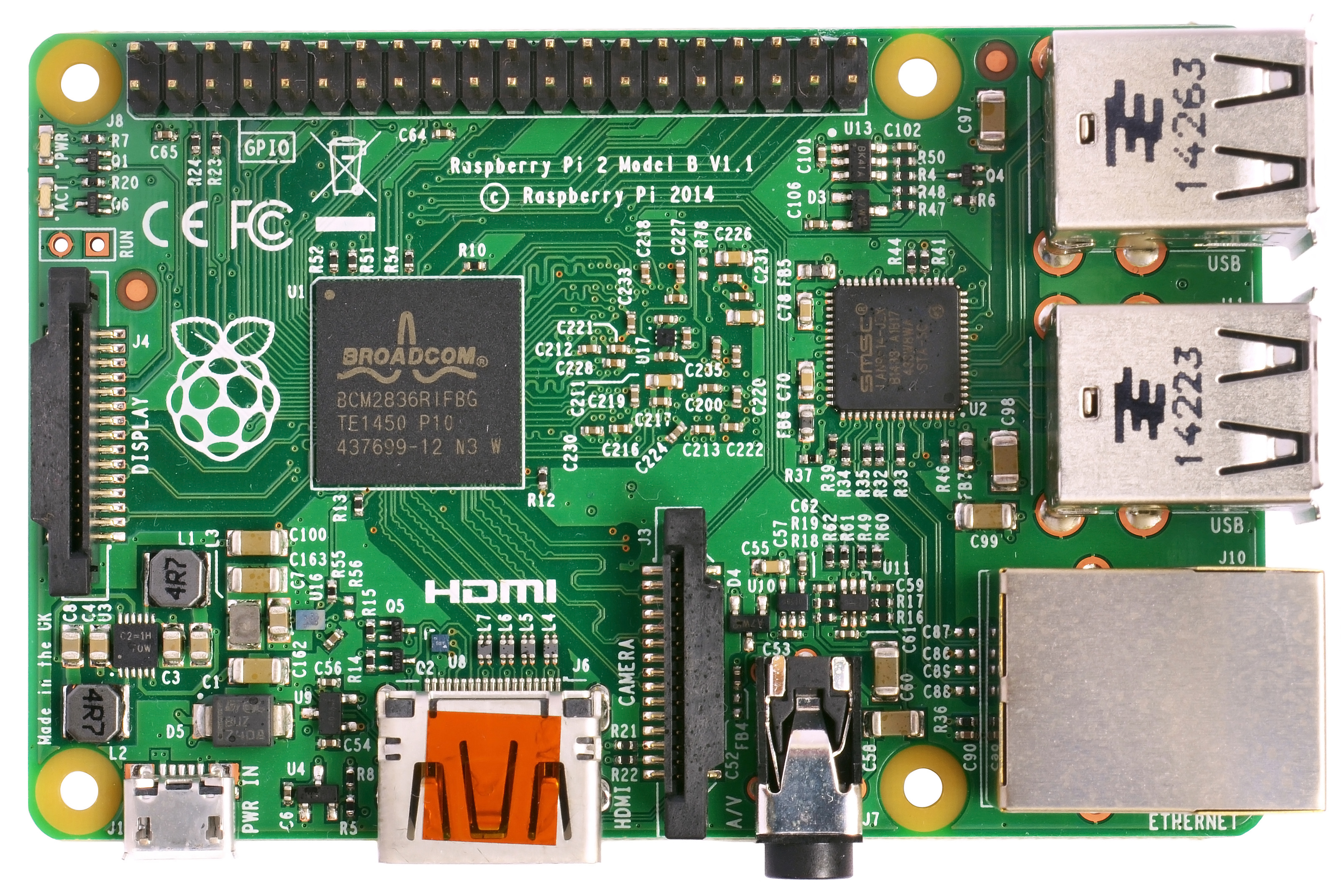 Photograph of a Raspberry Pi 2 Model B board