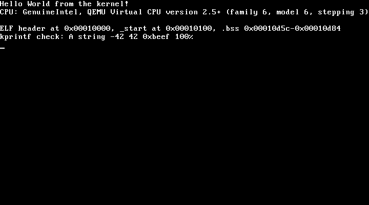 The VGA text console after kmain has printed its four lines; the cursor sits at the start of row 5, and row 2 is empty for a reason explained below.